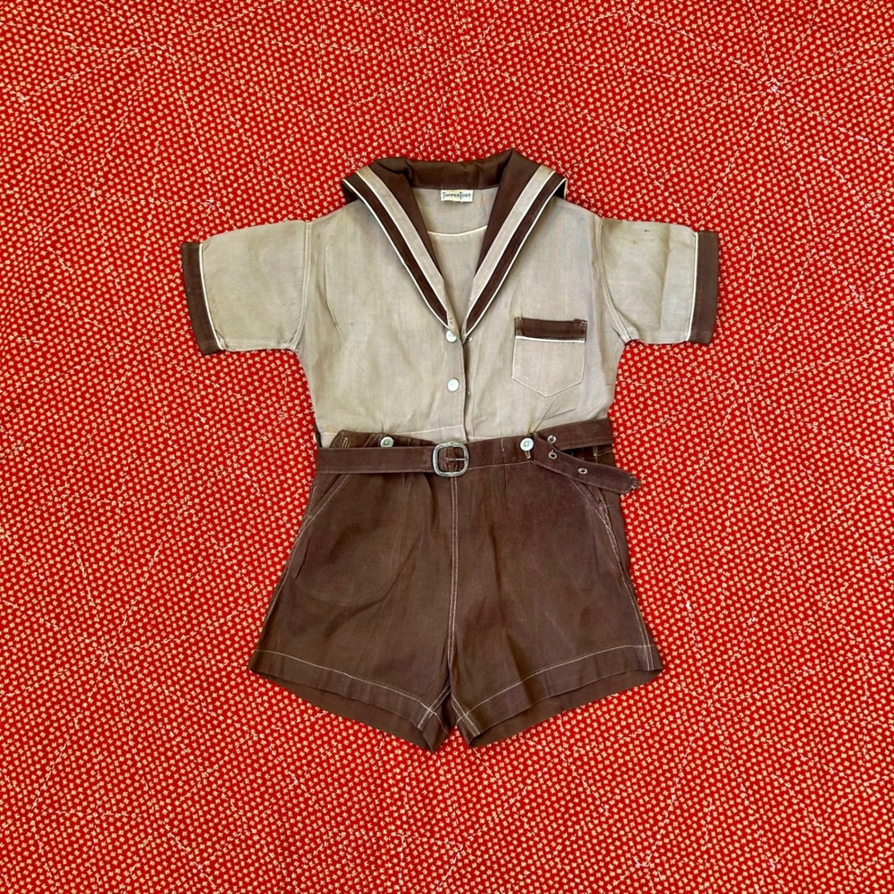 Antique 1920s Topper Togs Kids Sailor Suit Brown Tan Belted Shorts Shirt Set
